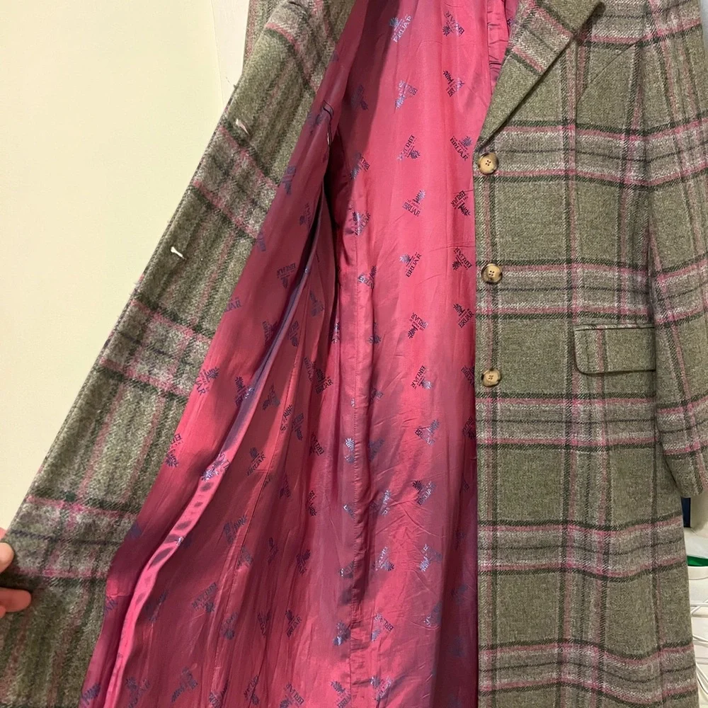 House of Bruar (Scottish) Plaid 100% Wool Lining Tweed Coat - Green w Pink/Lilac - Picture 4 of 7
